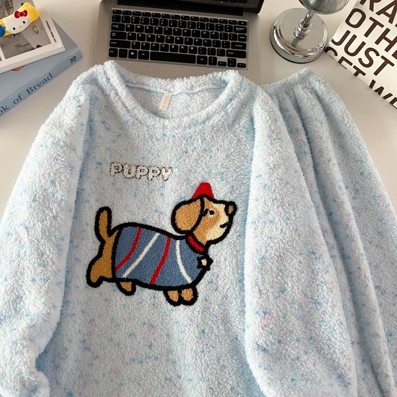 2pcs/Set Pajamas Korean Cute Dog Thickened Warm Fall And Winter Women's Pajamas Long-Sleeved Long Pants Set Sweet New Sleepwear