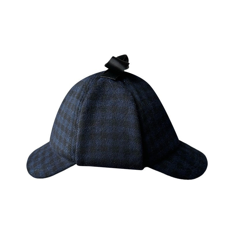 Unisex British-Style Sherlock Holmes Deerstalker Hat for Fall Winter Wool Blend Plaid Double Brim Ear-Warming, Trendy Detective
