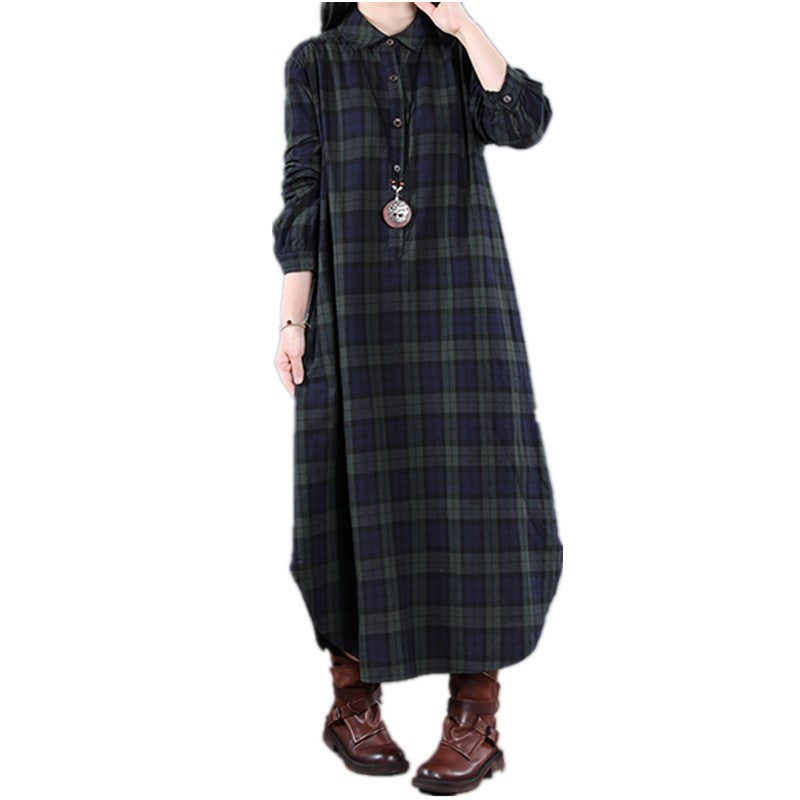 Spring And Autumn New Women's Fashion Loose Splicing Plaid Collar Button Long Sleeve Dress Medium Length Shirt Maxi Dresses 2026