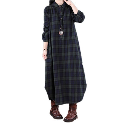 Spring And Autumn New Women's Fashion Loose Splicing Plaid Collar Button Long Sleeve Dress Medium Length Shirt Maxi Dresses 2026