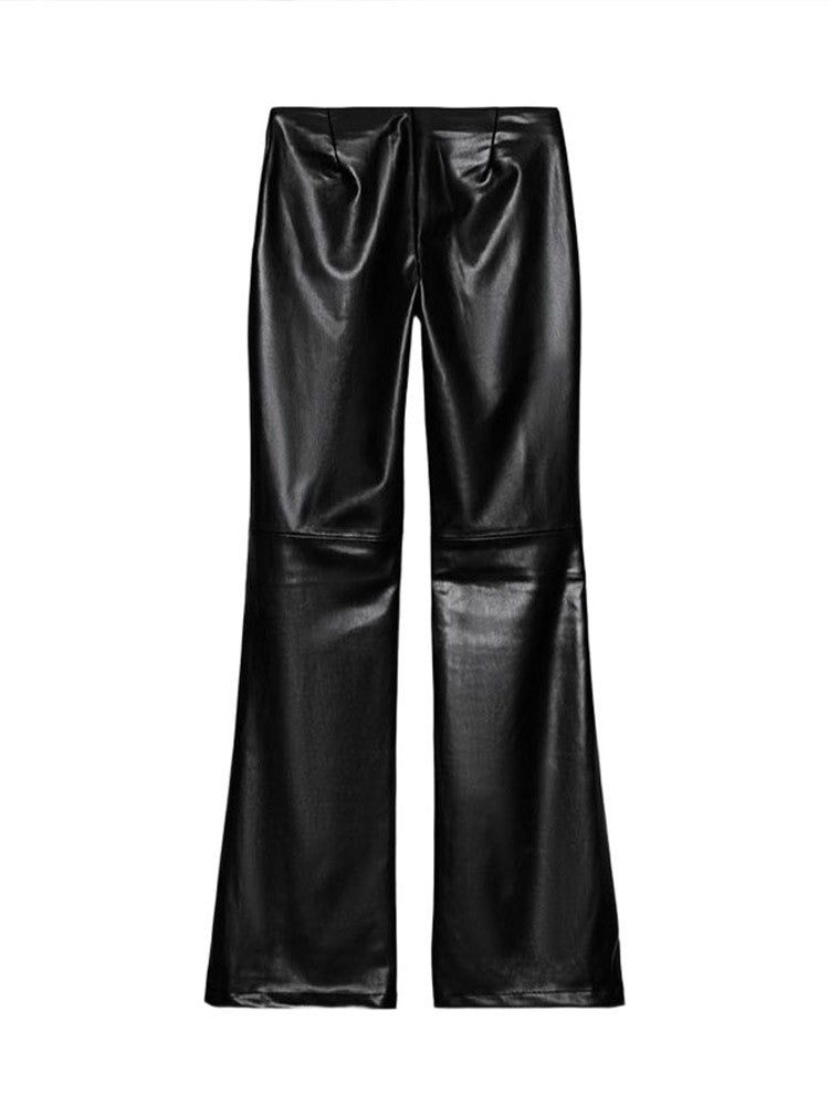 2026 New Solid Black Leather Long Pants For Women Y2K Casual Tie Up Drawstring Flared Trousers Female Chic Street Bell-bottoms