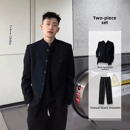 New Black Zhongshan Suit Jacket for Young Men Chinese Style Outerwear Popular Internet Celebrity Zhao Shanghe Topwear