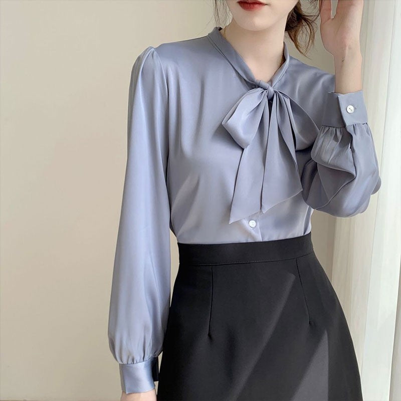 Bow Tie Chiffon Shirts Casual Long Sleeve White Blouse Women's Elegant Business Loose Blouses Ladies Spring and Autumn Chic Tops