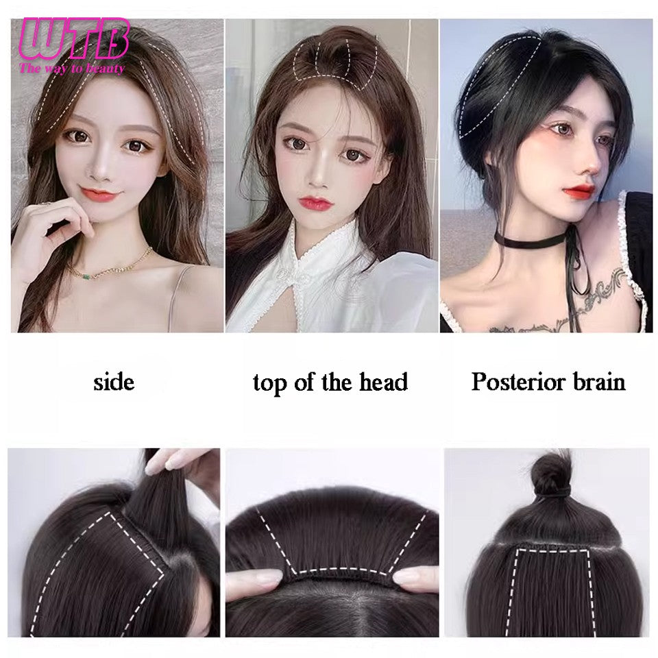 Almofadas de cabelo sintéticas invisíveis sem costura, clipe de uma peça com 2 clipes, aumentam o volume do cabelo, extensões de cabelo, aplique de cobertura superior lateral