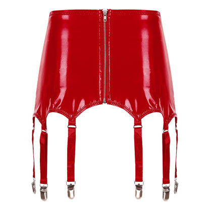 Womens Garters Latex Skirts Ladies Suspender Belt Wet Look Patent Leather Mini Skirts Garters with Metal Clips Clubwear Costume