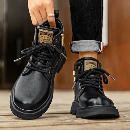 Men's Boots Fashion Motorcycle Boots High-top Casual Leather Boots for Men Plush Warm Winter Boot Non Slip Platform Boot Botas