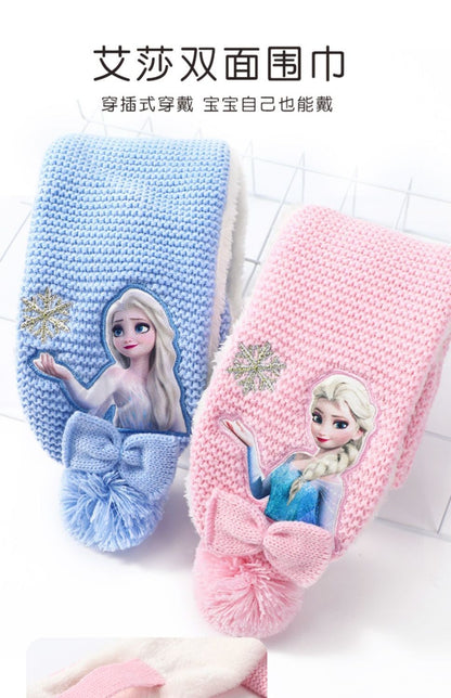 Conjunto infantil de gorro de lã e cachecol com animação da Elsa de Frozen da Disney, desenho animado, inverno, forro de veludo, espesso para manter aquecido
