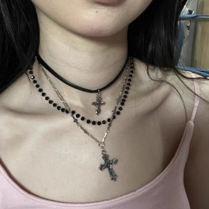 Gothic Punk Y2K Black Cross Pendant Necklace for Women Men 2025 Vintage Multi Layer Bead Necklaces 90s EMO Charm Jewelry Gifts
