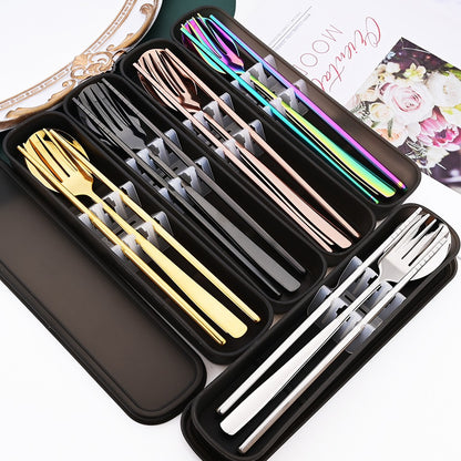 Drmfiy Western 6Set Black Dinnerware 304 Stainless Steel Tableware Long Handle Spoons Chopsticks Metal Korean Silverware Set