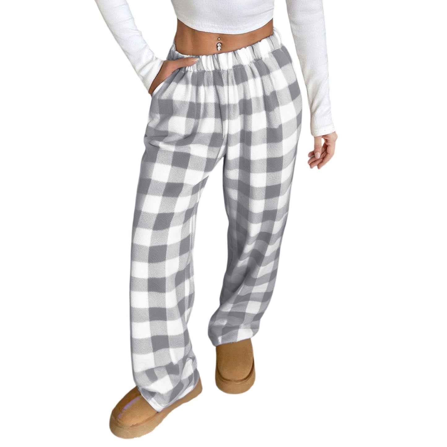 Women Pajama Pants Yoga Pants Elastic Waist Fuzzy Fleece Plaid Bottoms Soft Lounge Sleepwear With Pockets Plush Pajamas Pants