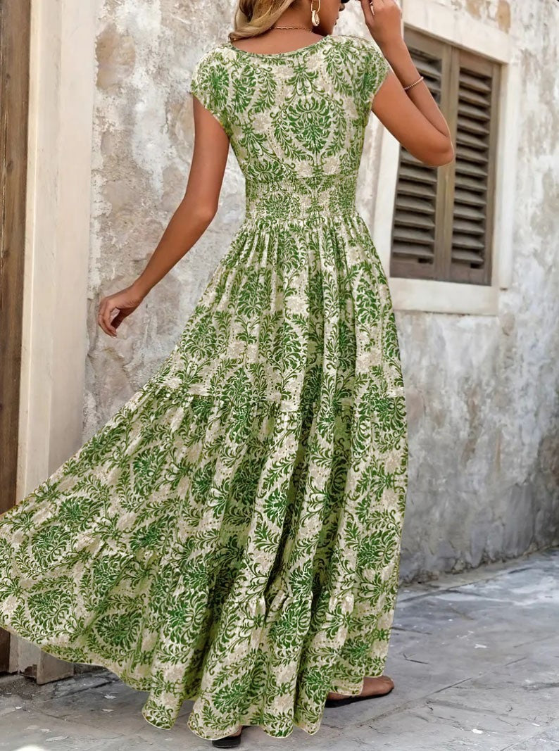 2025 vintage printed dress fashionable and elegant V-neck short sleeved jumpsuit long skirt women's clothing