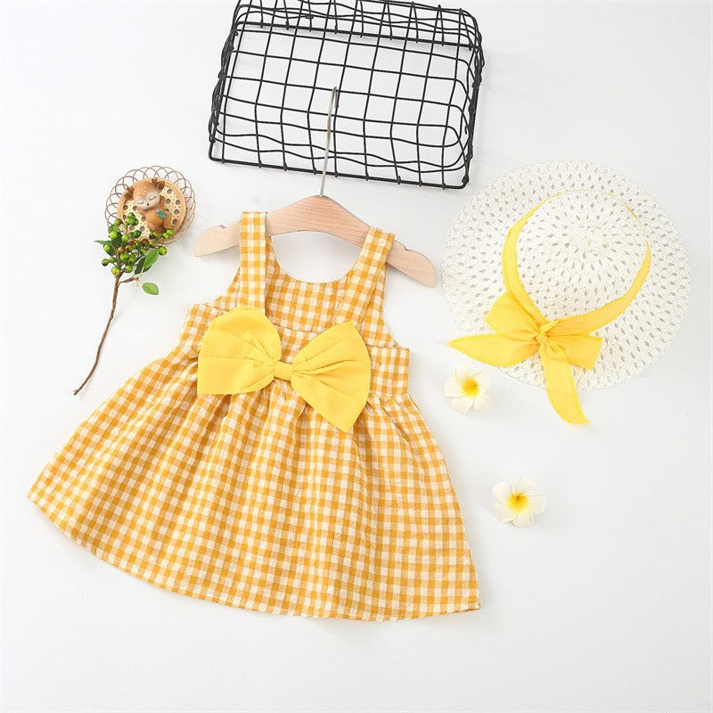 2Pcs/Set Baby Girl Plaid Sweet Bow Summer Birthday Party Dress Toddler Kids Outfits 0 To 3 Years Children Clothes Suit + Hat