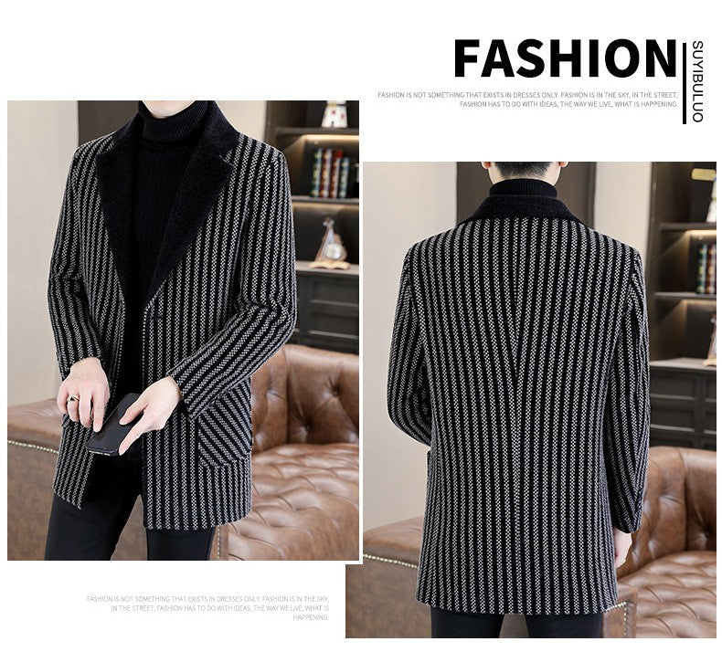Classic Autumn Winter Men's Mid-Length Woolen Coats Casual Striped Overcoat Outwear Windbreaker Business Warm Long Jackets