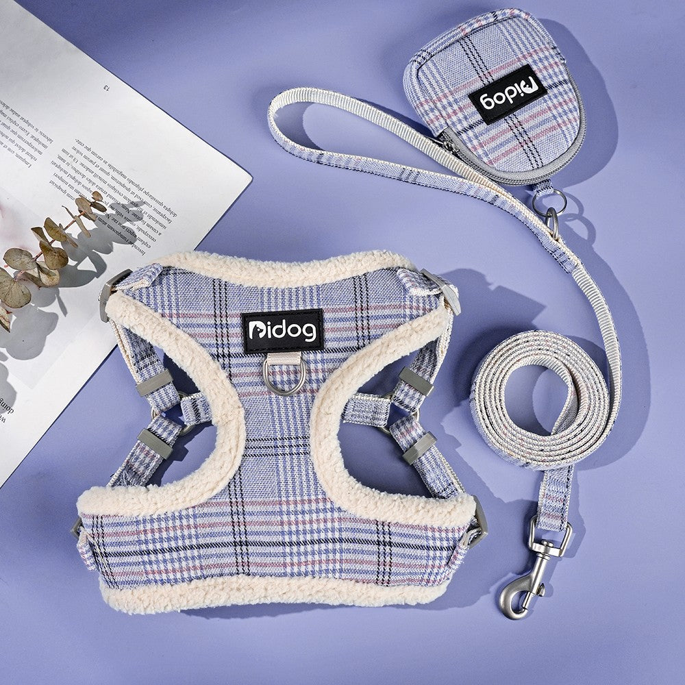 Conjunto de Coleira e Peitoral Respirável para Cães Peitoral de Pele para Cães Quente de Inverno Colete Corda para Passeio de Animais com Saco de Lixo para Cães Pequenos e Médios