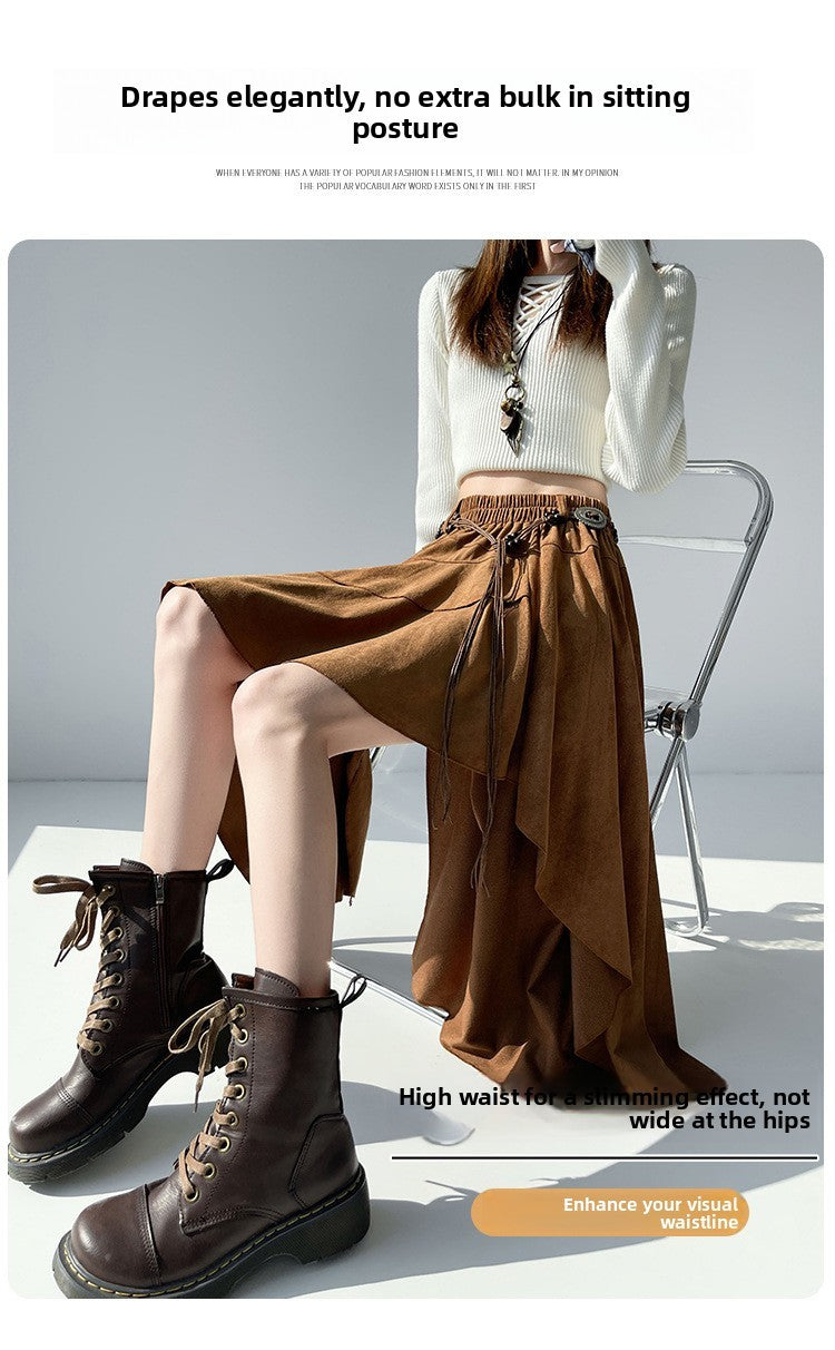Caramel Suede Half-length Skirt Women's Autumn Winter New Irregular Belt Slim A- Line Midi Umbrella Skirt Comfortable Casual S .