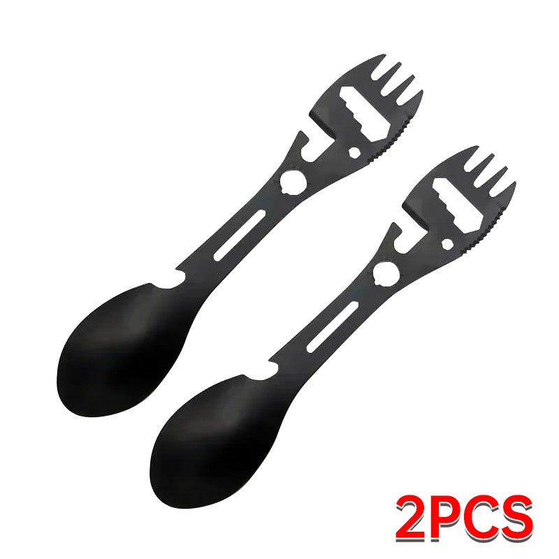 Outdoor Multi-functional 5-in-1 EDC Camping Survival Tool Stainless Steel Fork Knife Spoon Can Opener Bottle Opener Wrench