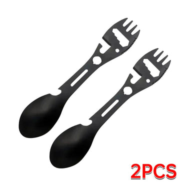 Outdoor Multi-functional 5-in-1 EDC Camping Survival Tool Stainless Steel Fork Knife Spoon Can Opener Bottle Opener Wrench