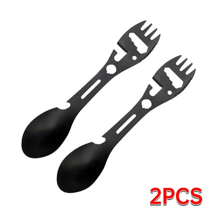 Outdoor Multi-functional 5-in-1 EDC Camping Survival Tool Stainless Steel Fork Knife Spoon Can Opener Bottle Opener Wrench