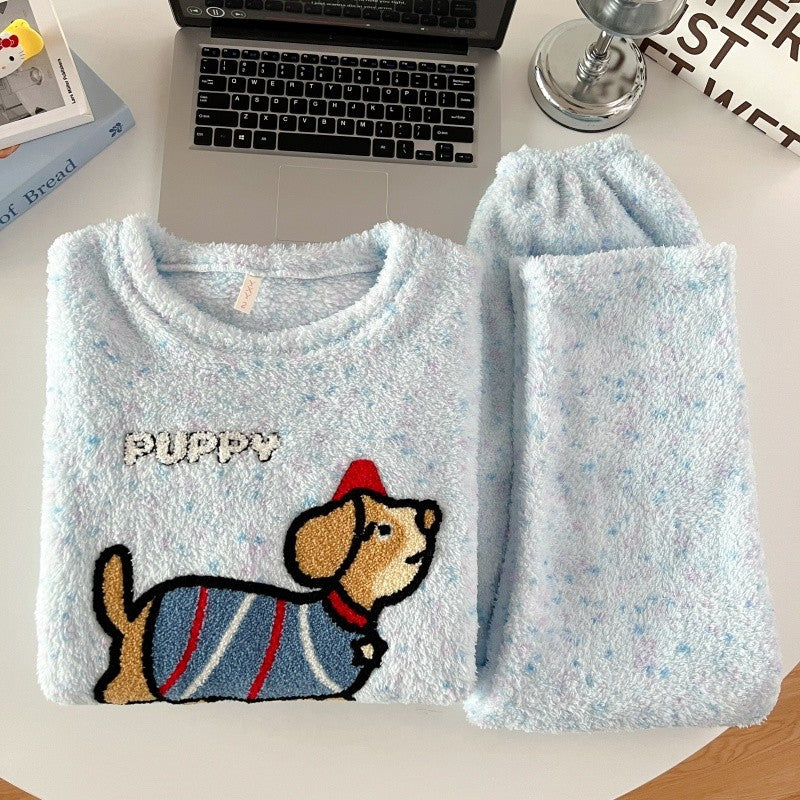 2pcs/Set Pajamas Korean Cute Dog Thickened Warm Fall And Winter Women's Pajamas Long-Sleeved Long Pants Set Sweet New Sleepwear