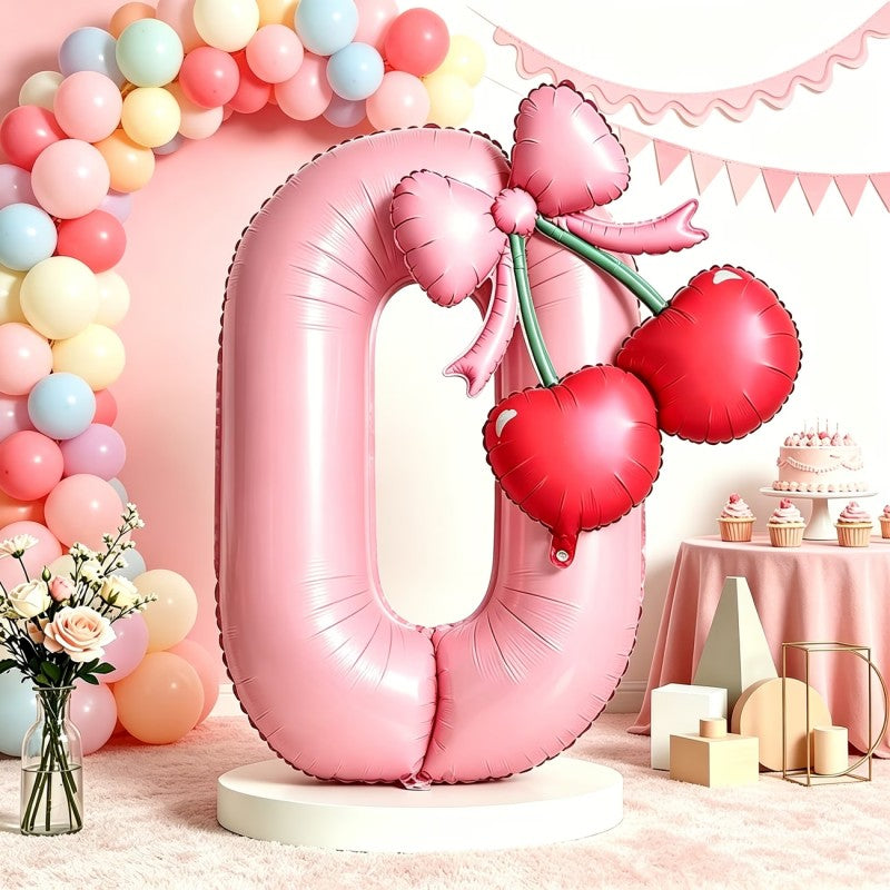 Cherry & Bow Balloon Kit Pink Number Balloons Birthday Wedding Anniversary Holiday Party Background Shooting Props