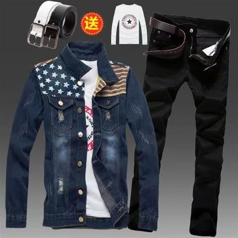 Men's Slim Fit Denim Jacket Pants 2pcs Set Long Sleeve Coats Letters Printed Casual Large Size Black White Red Boys Trousers