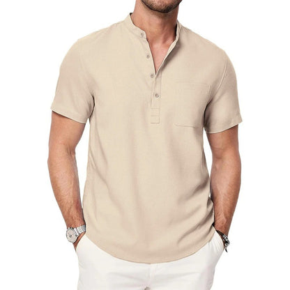 Men's Henley Neck T-shirt Cotton Linen Button Pocket  Tees Casual Short Sleeve Vacation Beach Style Solid Color Lightweight Tops