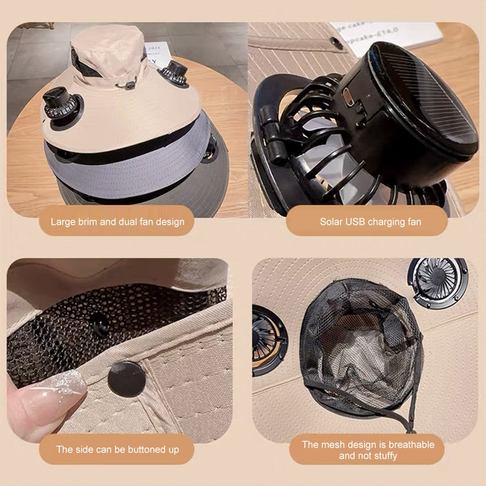 Wide Brim Solar Fan Hat Sun Bucket Hat UV Protection Fishing Hat with 2 Removable Fan Sun Visor Hat for Men Women Fishing