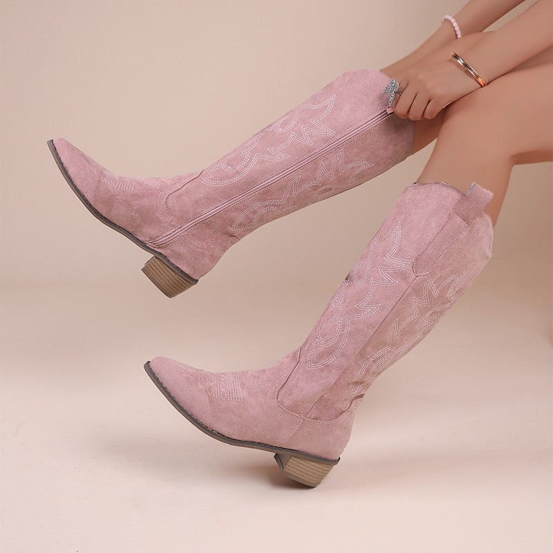 Embroidered Western Cowboy Boots for Women Autumn Pointed Toe Thick Heel High Knee Boots Woman Loose PU Leather Long Botas Mujer