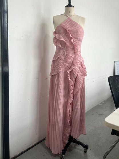 Chic pleated halter neck long vacation dress high quality purple strapless Lotus Edge Maxi Dress 2025 New Lady Vacation Gowns