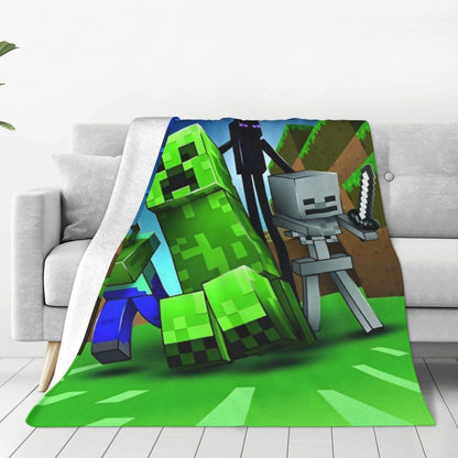 Cartoon Mines Pixel Game Crafts Flannel Blanket Super Warm Throw Blanket for Home Decor Decorative Street Trend Bedspread