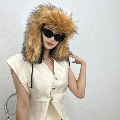 Gorro de inverno russo feminino com proteção de orelha de pele sintética, gorro corta-vento quente para senhoras, moda de luxo, chapéu de esqui de cor sólida com aba larga