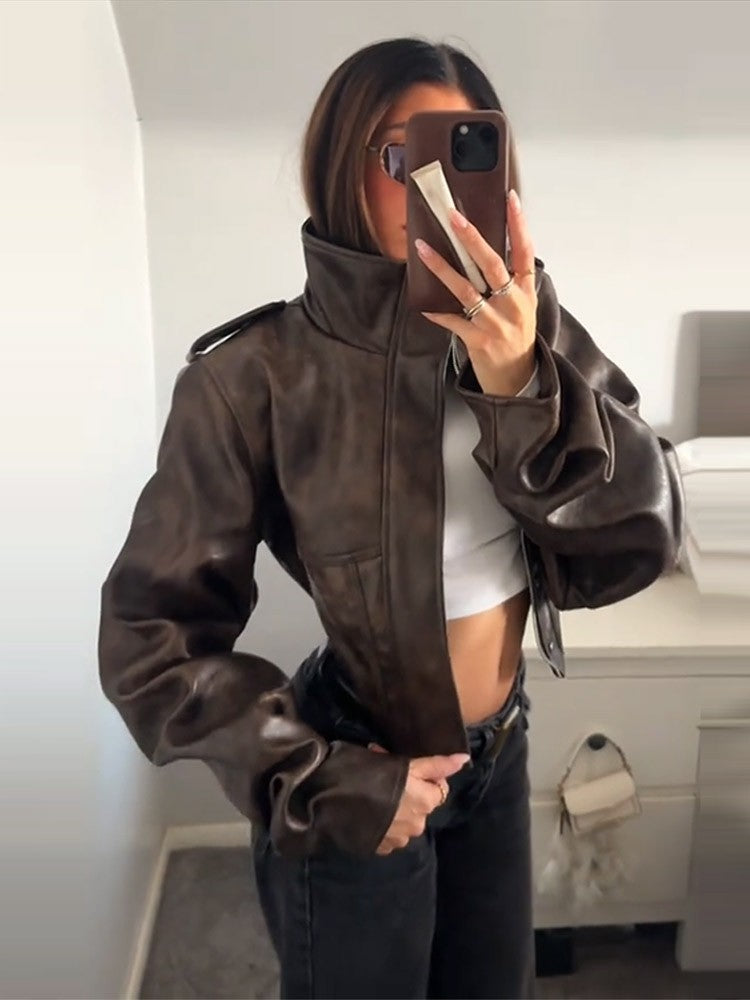 Vintage Women's Cropped Faux Leather Jacket Stand Collar Balloon Sleeve Biker Style PU Leather Coat Streetwear Fashion Outfit