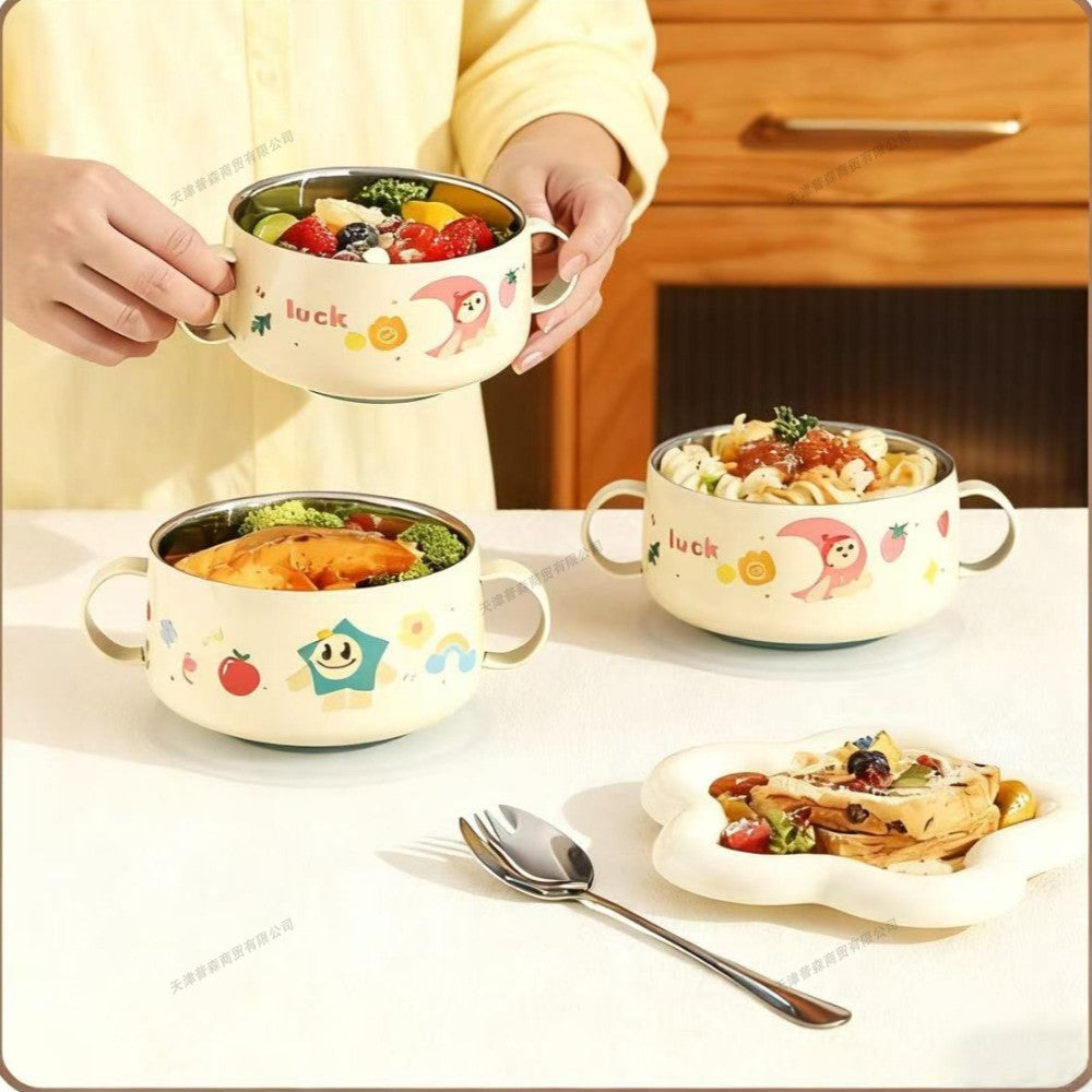 304 Stainless Steel Baby Bowl with Lid Double Handle Kids Feeding Bowl Anti-Scald Toddler Tableware Food Soup Bowl for Infants
