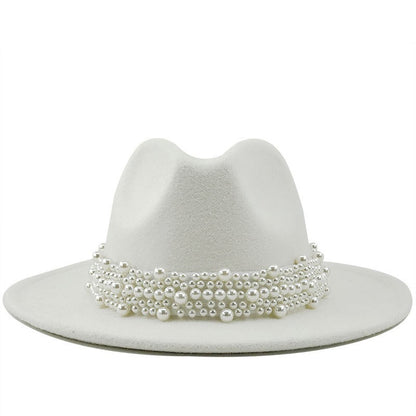 Chapéu Fedora De Lã Feminino Masculino Com Fita De Pérolas Cavalheiro Elegante Senhora Inverno Outono Aba Larga Igreja Panamá Sombrero Boné De Jazz 60CM