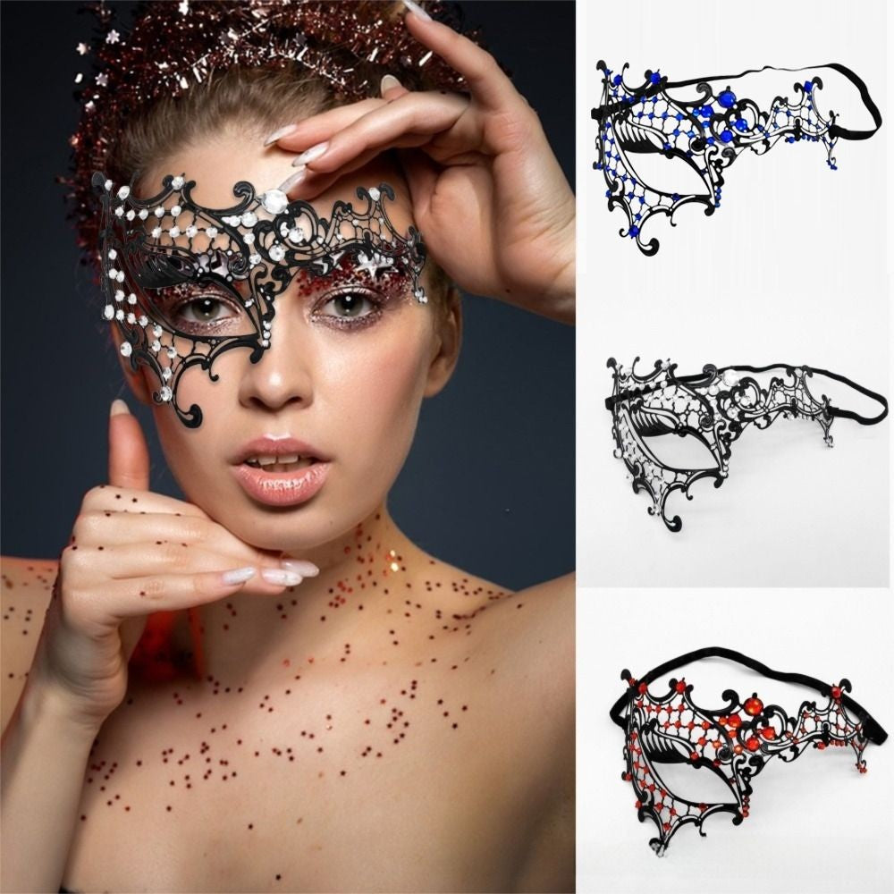 New Vintage Half Face Mask Lace Metal Elastic Bands Masquerade Party Mask Hollowed-out Diamond Inlaid Princess Mask
