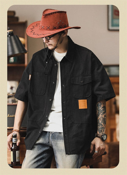 2025 Summer Men's Multi-pocket Oversized Short Sleeve Shirts High Street Fashion Cargo T-shirt New American Casual Y2K Shirt