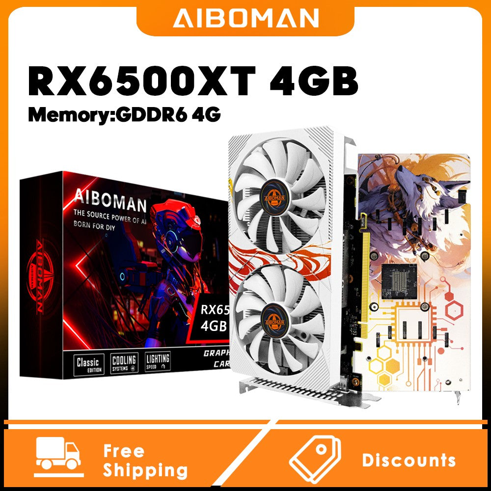 Placa de vídeo para jogos AIBOMAN RX6500XT 4G Fox Backboard Pattern GDDR6 64Bit Interface de saída HDMI*1+DP*1