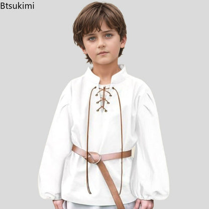 Boys Medieval Pirate Shirt Kids Renaissance Lace up Halloween Scottish Jacobite Ghillie Costume Tops Viking Colonial Costume Top