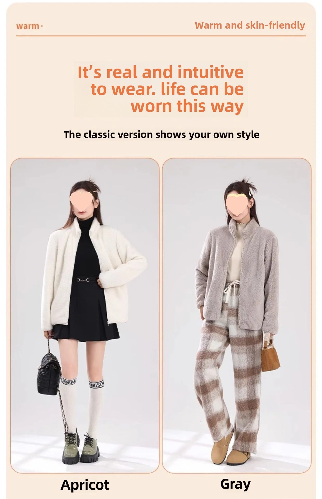 Women's Double-Sided Fleece Jacket Grey Warm Stand-Collar Thick Winter Outerwear Trendy Sweatshirt Style Casual Loose Fit