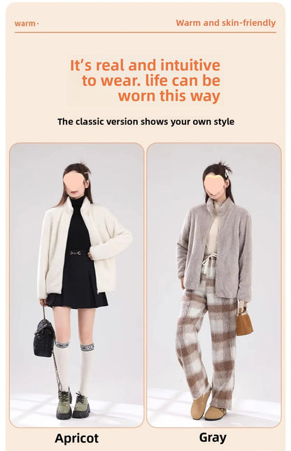 Women's Double-Sided Fleece Jacket Grey Warm Stand-Collar Thick Winter Outerwear Trendy Sweatshirt Style Casual Loose Fit