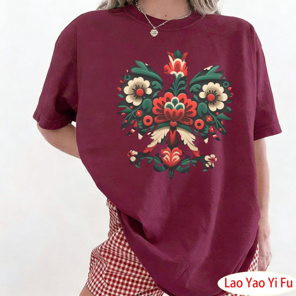 Polish Eagle Shirt Folk Art Christmas Design Clothes Botanical Flowers Tops Summer Women Retro Fashion Graphics Tees