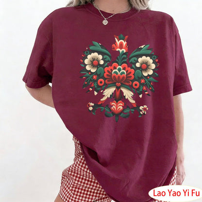 Polish Eagle Shirt Folk Art Christmas Design Clothes Botanical Flowers Tops Summer Women Retro Fashion Graphics Tees
