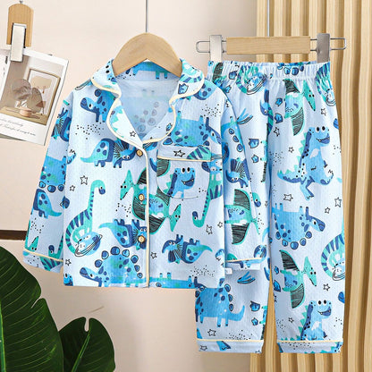 Kids Spring Summer Pajamas Set Cute Cartoon Print Long Sleeve Lapel Soft Sleepwear for Boys Girls Baby Casual Loose Loungewear