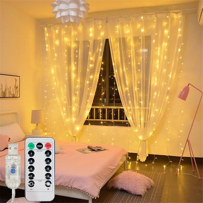 3/6M USB LED Curtain 8Modes Remote Control Lights Holiday Wedding Garland for Bedroom Living Room Decor Ramadan Decorations