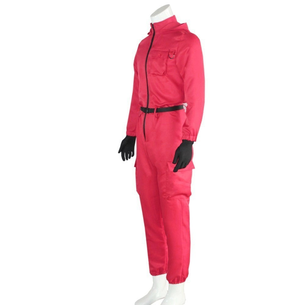 Adult Calamari Game Costume Guard Cosplay Jumpsuit Outfit Teenagers Tracksuit Hooded Overall Belt Gloves Mask Set Halloween
