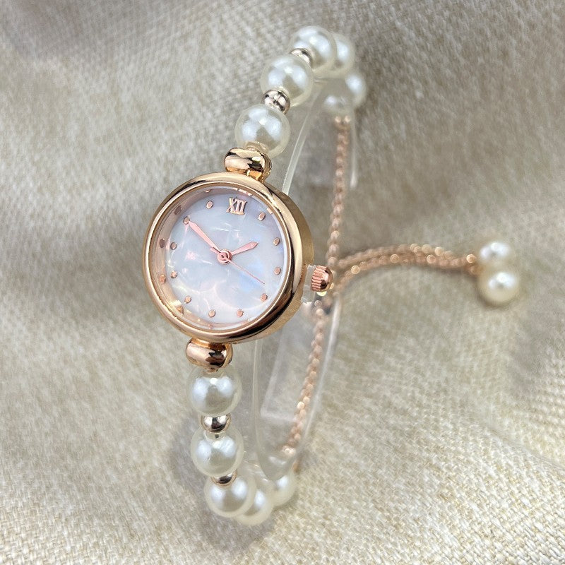 French Romantic Pearl Pull Cord Handheld Watch Elegant Small Fashion Bracelet Quartz Wristwatch Stylish Portable Timepiece