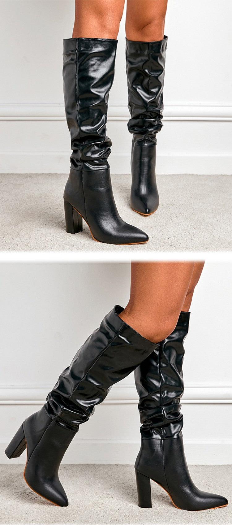 Fashion Pleated Women Knee High Boots Sexy Pointed Toe Square Heels Ladies Long Female White Black Shoes size 35-42