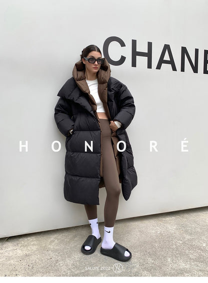 Janveny Fluffy White Duck Down Jacket Women Winter Thickness Warm Long Puffer Coat Hooded Female Fashion Fake Two-piece Parkas