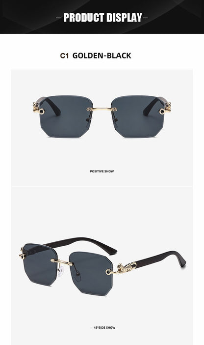 Square Sunglasses For Men Women Fashion Metal Leopard Head Rimless Eyewear Travel And Driving Shades Oculos De Sol UV400