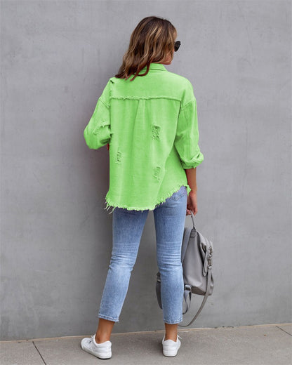 2025 Holes Raw-edges Denim Jacket Women Spring Autumn Shirt Style Jeancoat Casual Top Rose-Red Orange Purple Outerwear Lady Coat